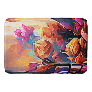 Floral Abstract Art Orange Red Blue Flowers Bath Mat