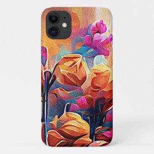 Floral Abstract Art Orange Red Blue Flowers iPhone 11 Case