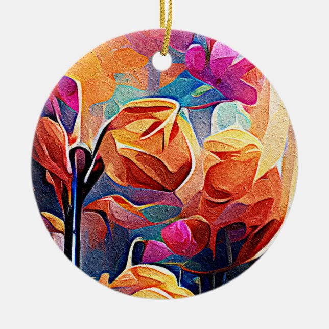 Floral Abstract Art Orange Red Blue Flowers Ceramic Ornament (Front)