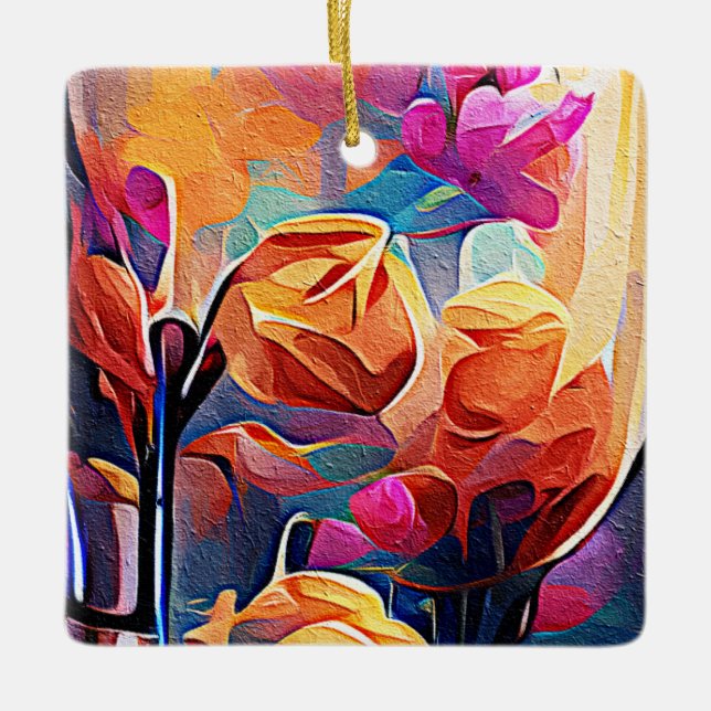 Floral Abstract Art Orange Red Blue Flowers Ceramic Ornament (Front)