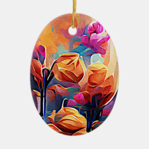 Floral Abstract Art Orange Red Blue Flowers Ceramic Ornament