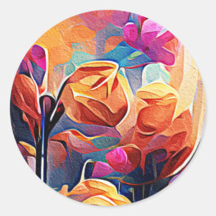 Floral Abstract Art Orange Red Blue Flowers Classic Round Sticker