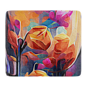 Floral Abstract Art Orange Red Blue Flowers Cutting Board