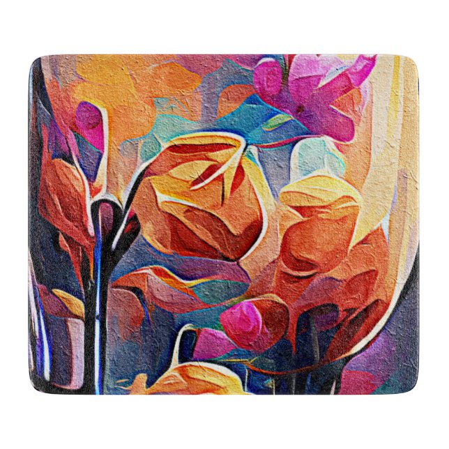 Floral Abstract Art Orange Red Blue Flowers Cutting Board (Front)