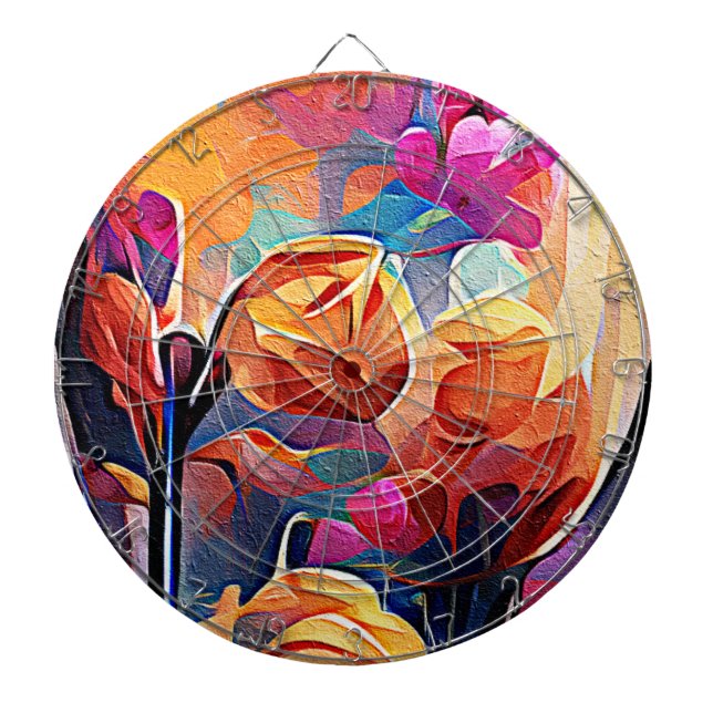 Floral Abstract Art Orange Red Blue Flowers Dartboard (Front)