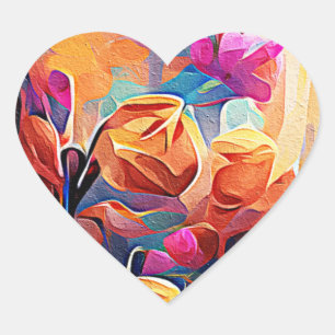 Floral Abstract Art Orange Red Blue Flowers Heart Sticker
