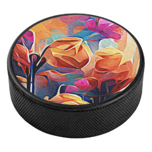 Floral Abstract Art Orange Red Blue Flowers Hockey Puck