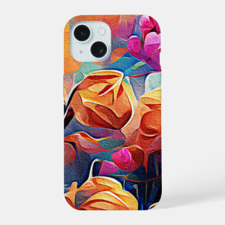 Floral Abstract Art Orange Red Blue Flowers iPhone 15 Case