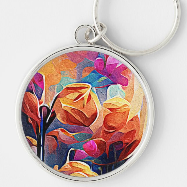 Floral Abstract Art Orange Red Blue Flowers Key Ring (Front)