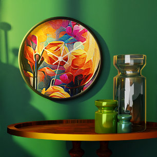 Floral Abstract Art Orange Red Blue Flowers Large Clock