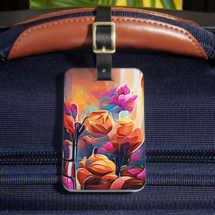 Floral Abstract Art Orange Red Blue Flowers Luggage Tag