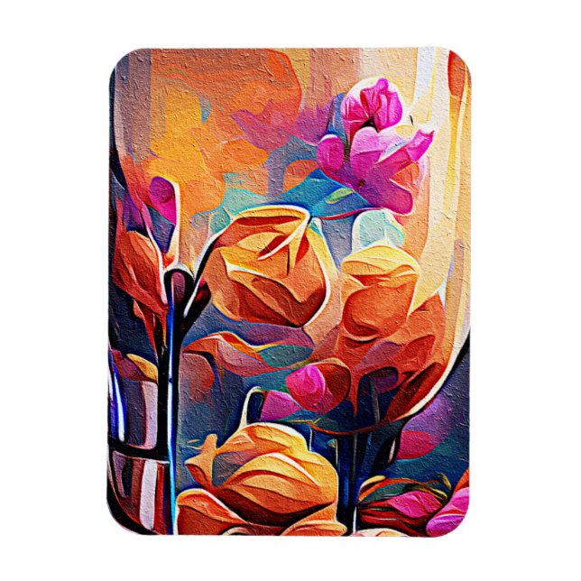 Floral Abstract Art Orange Red Blue Flowers Magnet (Vertical)