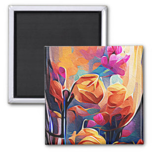 Floral Abstract Art Orange Red Blue Flowers Magnet