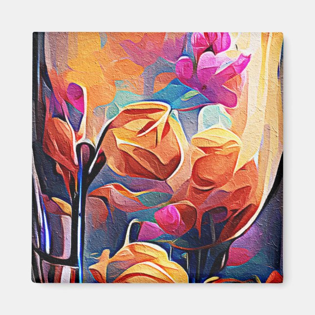 Floral Abstract Art Orange Red Blue Flowers Magnet (Front)
