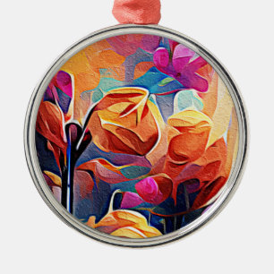 Floral Abstract Art Orange Red Blue Flowers Metal Ornament
