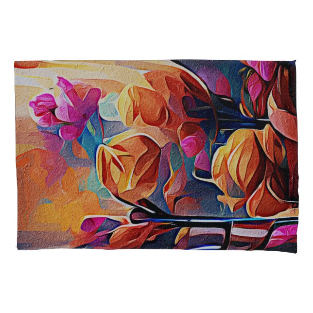 Floral Abstract Art Orange Red Blue Flowers Pillowcase (Front)