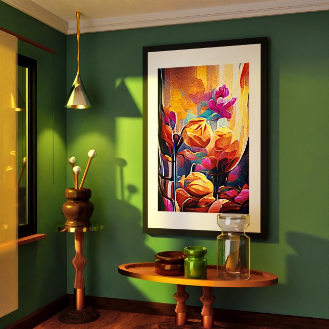 Floral Abstract Art Orange Red Blue Flowers Poster (Floral Abstract Art Orange Red Blue Flowers Poster)