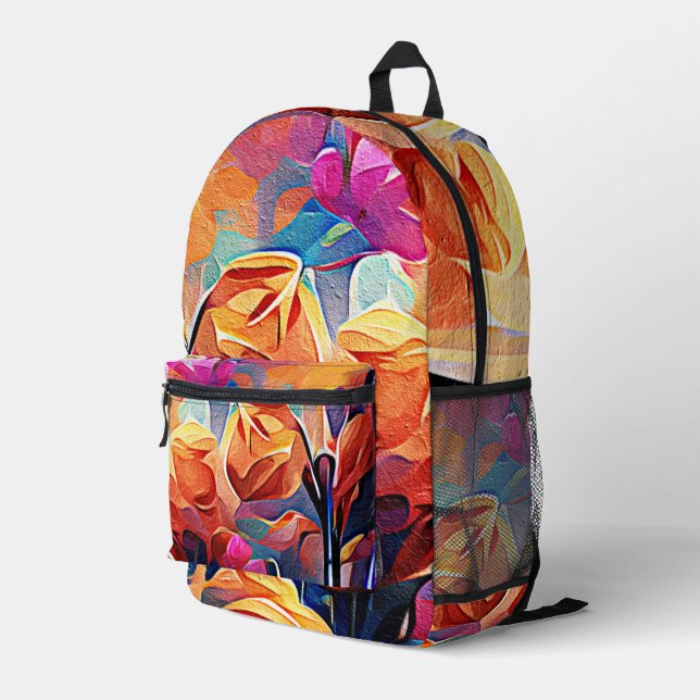 Floral Abstract Art Orange Red Blue Flowers Printed Backpack (Back Corner Right)