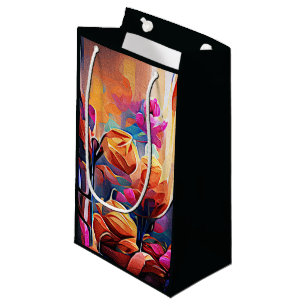 Floral Abstract Art Orange Red Blue Flowers Small Gift Bag