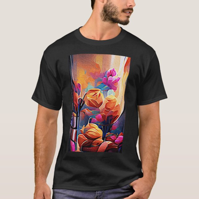 Floral Abstract Art Orange Red Blue Flowers T-Shirt (Front)