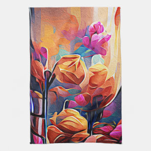 Floral Abstract Art Orange Red Blue Flowers Tea Towel