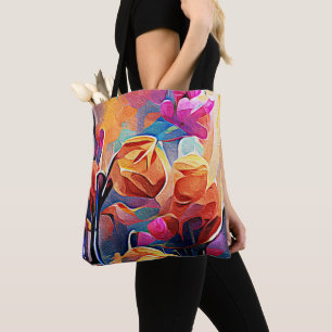 Floral Abstract Art Orange Red Blue Flowers Tote Bag