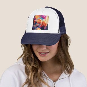 Floral Abstract Art Orange Red Blue Flowers Trucker Hat