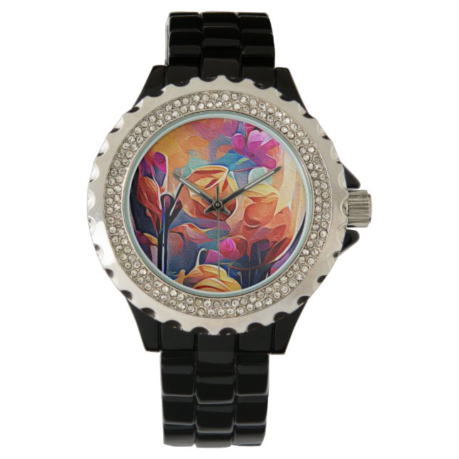 Floral Abstract Art Orange Red Blue Flowers Watch (Front)