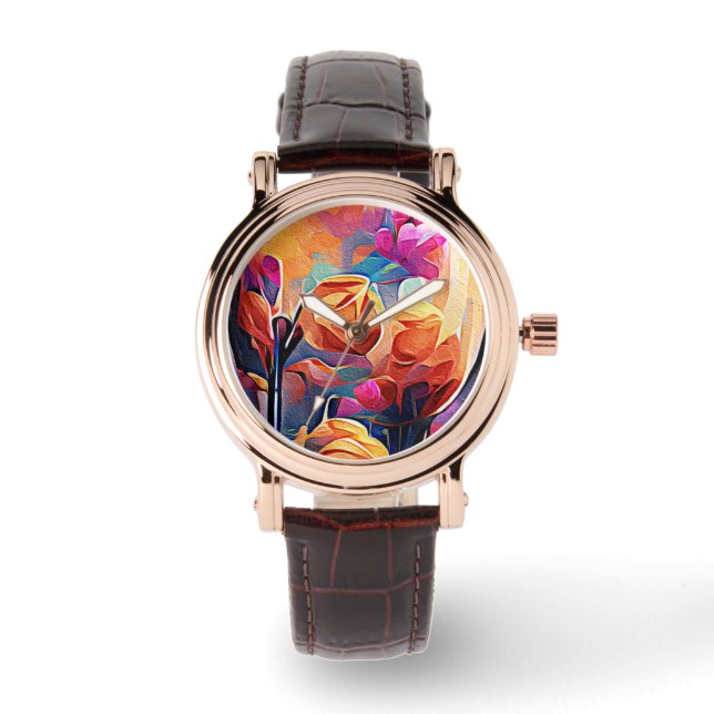Floral Abstract Art Orange Red Blue Flowers Watch (Front)