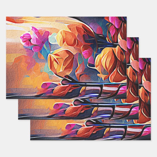 Floral Abstract Art Orange Red Blue Flowers Wrapping Paper Sheet (Set)