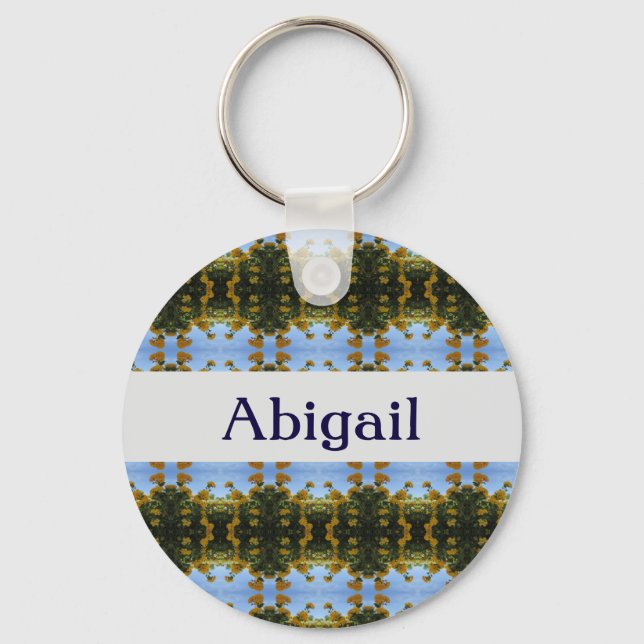 Floral Abstract Bright Yellow Blue Stripes Key Ring (Front)