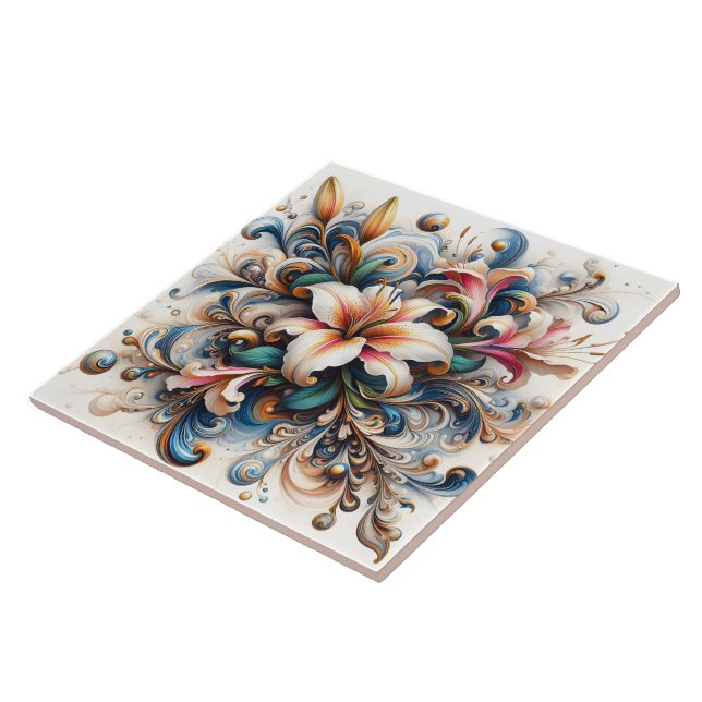 Floral Abstract Design Featuring Lily At Sunrise Ceramic Tile (Side)