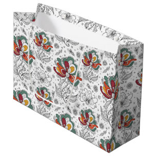 Floral Abstract Doodle Art Style Green Red Yellow Large Gift Bag