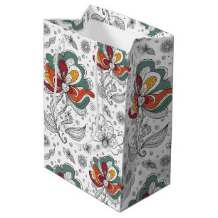 Floral Abstract Doodle Art Style Green Red Yellow Medium Gift Bag