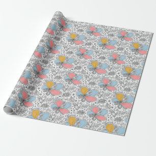 Floral Abstract Doodle Art Style Pink Blue Yellow Wrapping Paper