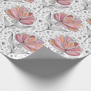 Floral Abstract Doodle Art Style Pink Peach Wrapping Paper
