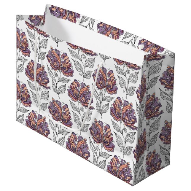 Floral Abstract Doodle Art Style Pink Purple Large Gift Bag (Front Angled)
