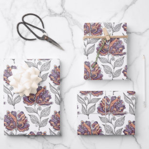 Floral Abstract Doodle Art Style Pink Purple Wrapping Paper Sheet