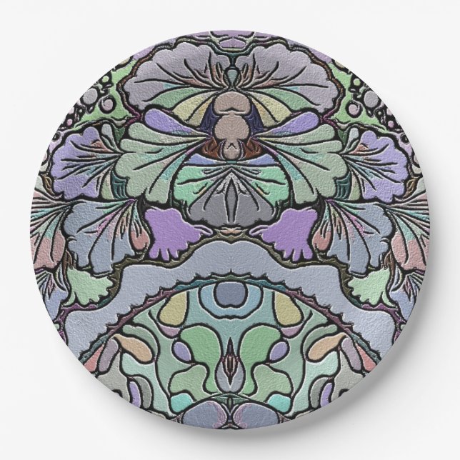 Floral abstract purple pansy mosaic pattern paper plate (Front)