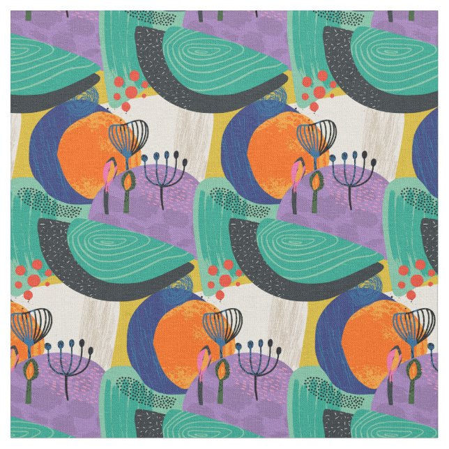 Floral Abstract Teal Purple Pattern Fabric (Close Up)