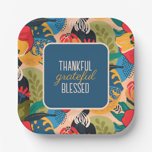 Floral Abstract Thankful Grateful Blessed Paper Plate (Front)
