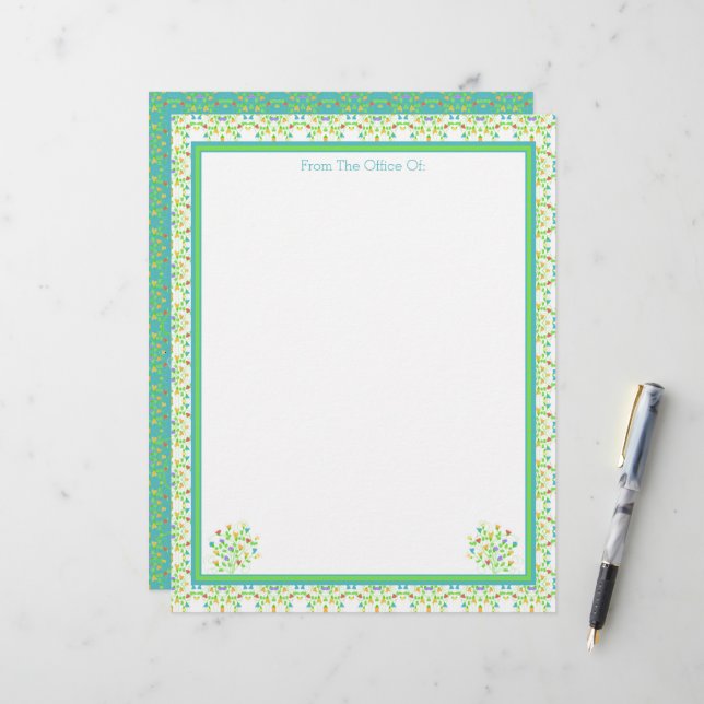 Floral Accented Designer Stationery Sheet Paper Custom Letterhead (Front/Back In Situ)