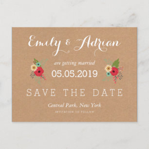 Floral Accents Kraft Save the Date Postcards