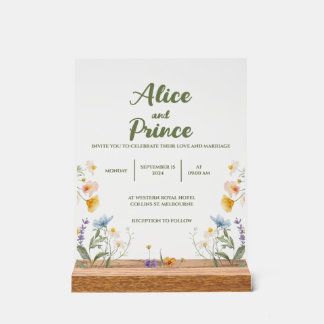 Floral acrylic wedding sign with wood stand