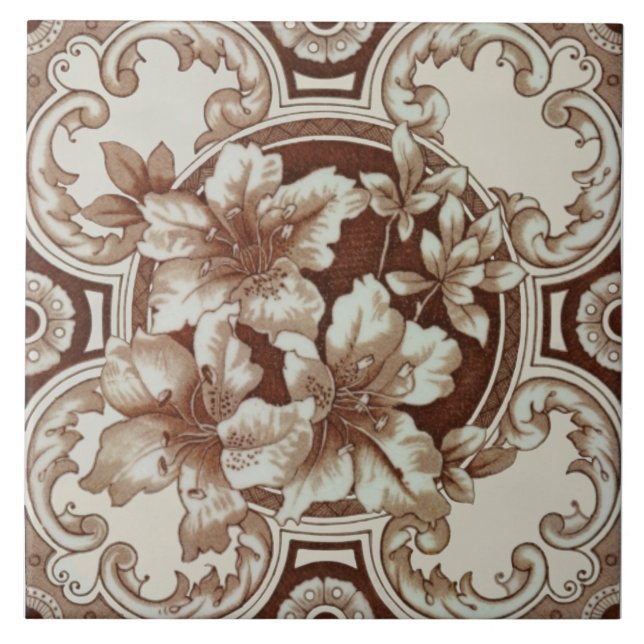 Floral Aesthetic Victorian Brown Beige Cream Repro Ceramic Tile (Front)