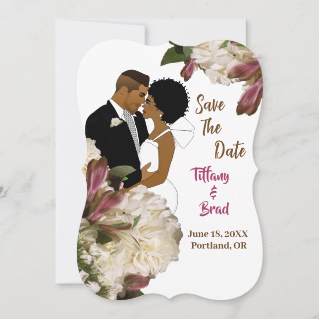 Floral African American Wedding Save-the-date (Front)