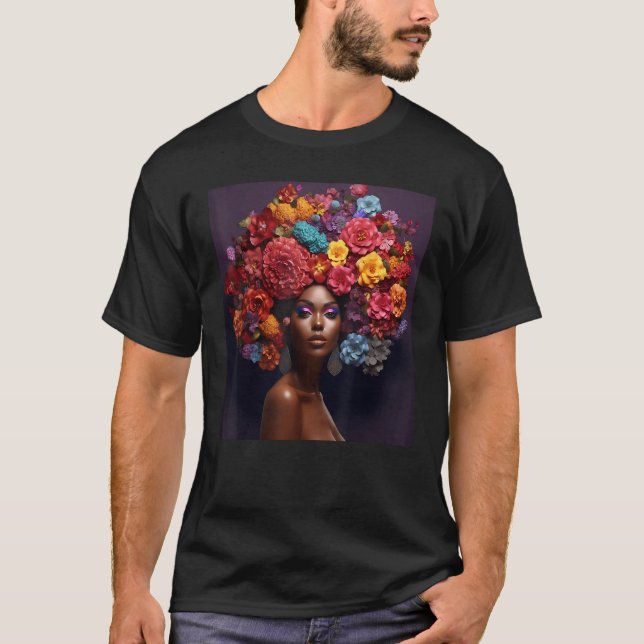 Floral Afro Woman Black Queen Puff Melanin Rainbow T-Shirt (Front)