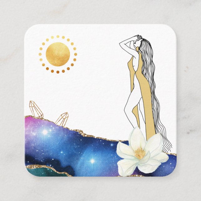 *~* Floral Agate Crystals Cosmic Gold Goddess  Squ Square Business Card (Front)