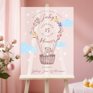 Floral Air Balloon Teddy Bear Pink Baby Shower Acrylic Sign