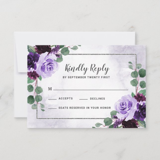Floral Airy Purple and Silver Wedding RSVP Cards (Front)